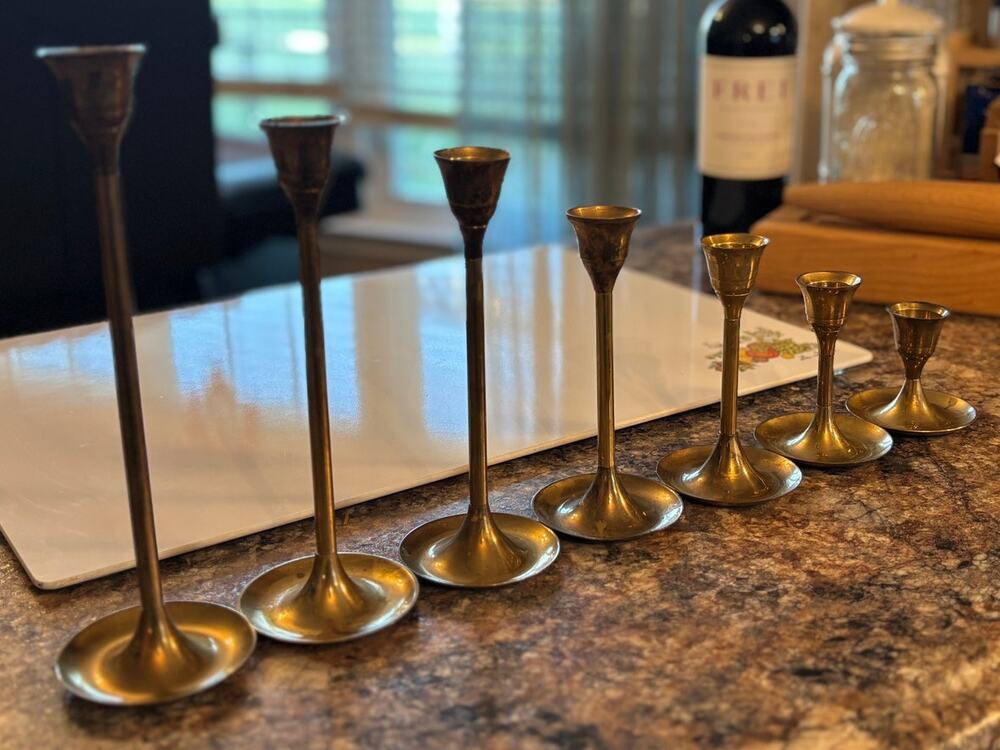 1970s Vintage Brass Graduated Candlestick Holders Set of 7 India M.C.M. Decor